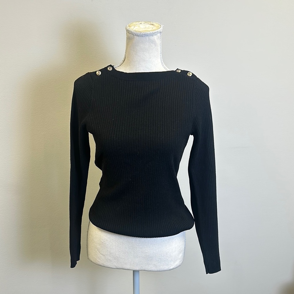 Black Ribbed Long-Sleeve Sweater with Button Shoulder Detail